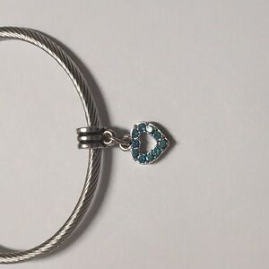 Silver with Blue Rhinestones Dangle Heart Charm for Pandora Style Bracelet